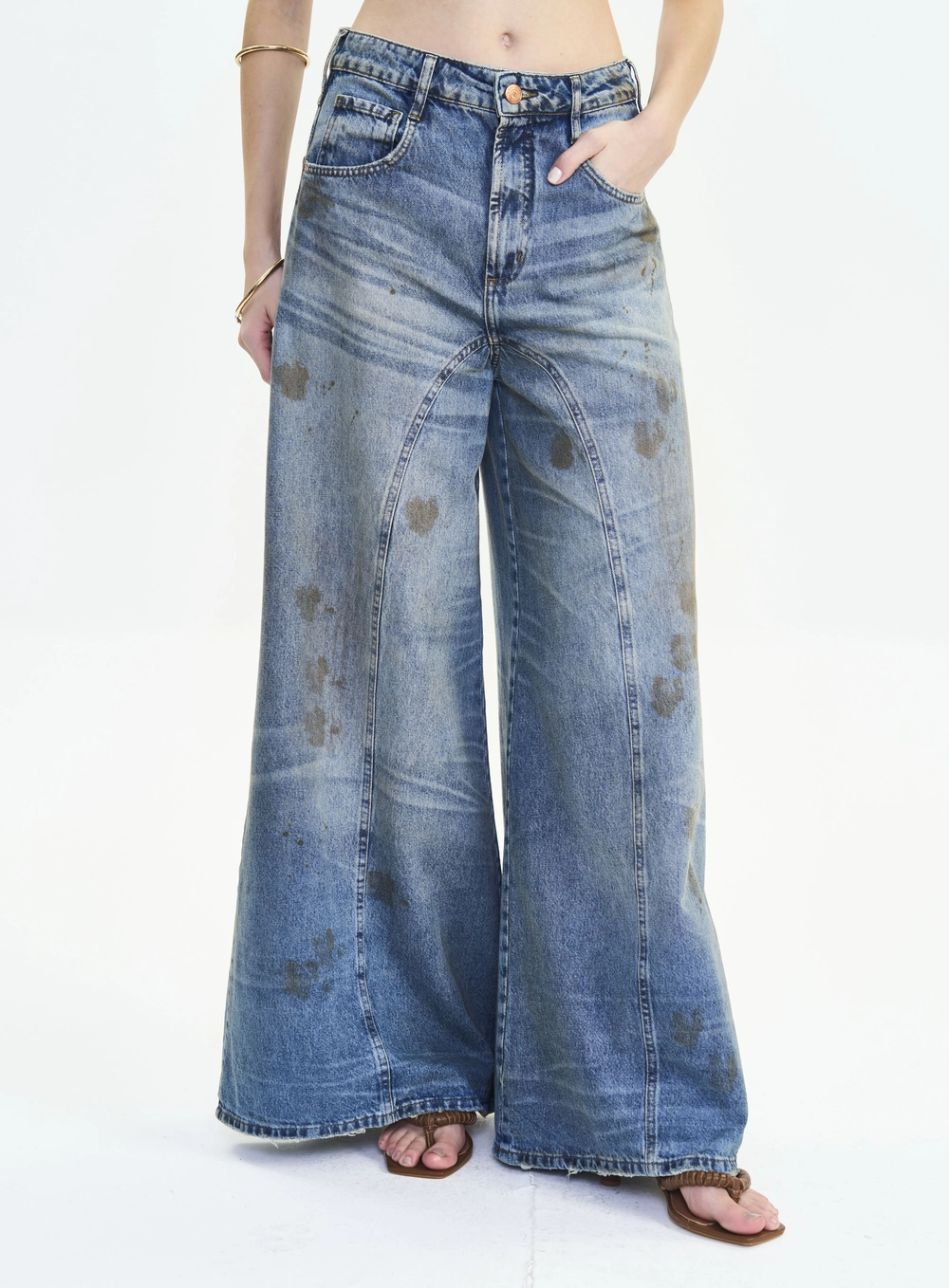 Calça Jeans Baggy Ampla Estampada - Bruna Low Índigo