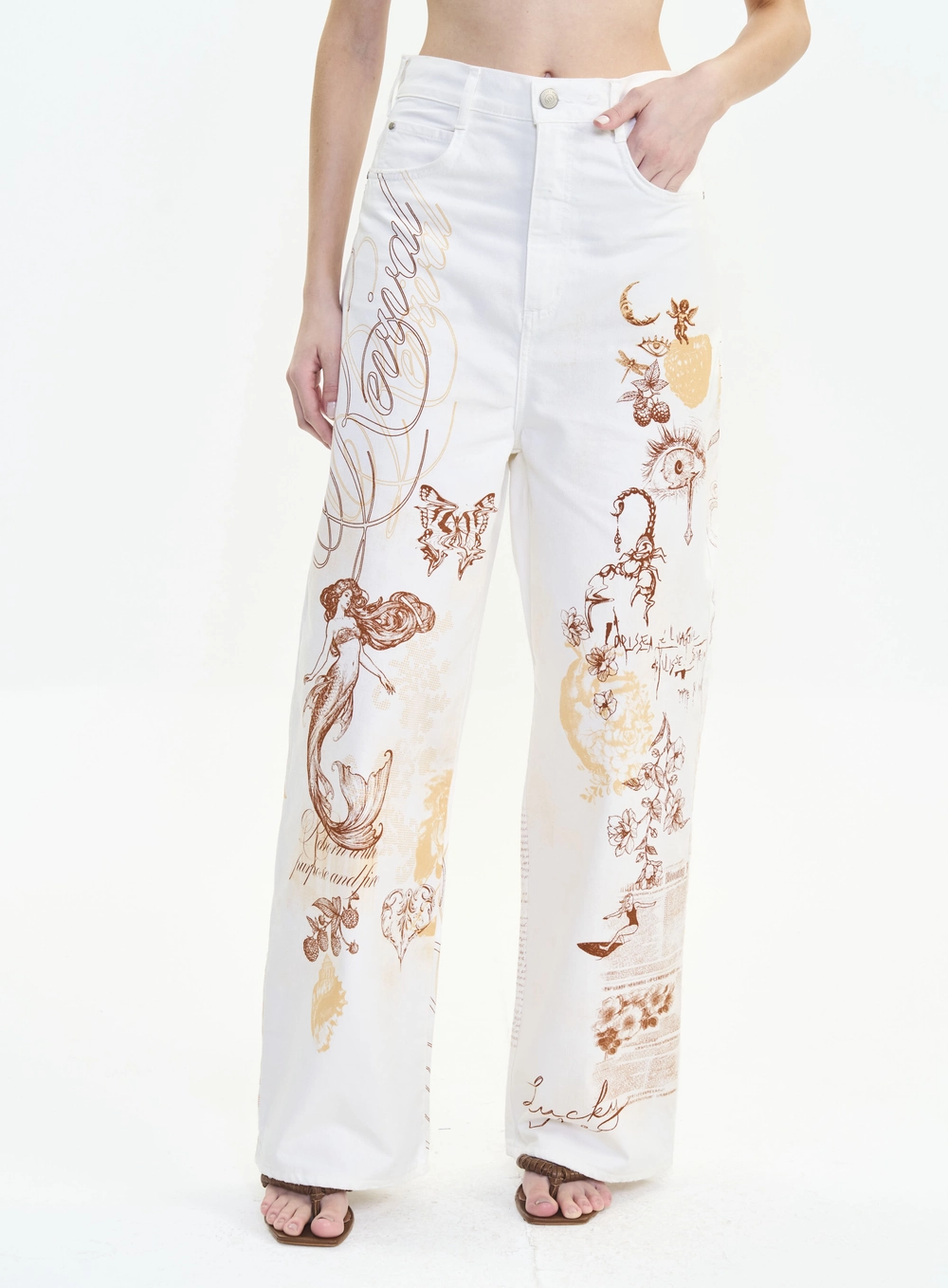 Calça Sarja Wide Leg Cintura Alta Estampada Livia Off Shell