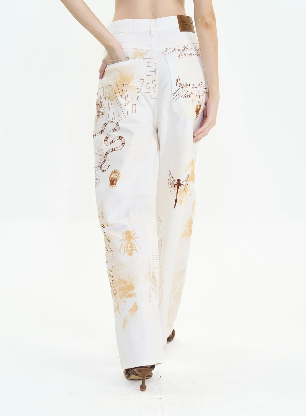 Calça Sarja Wide Leg Cintura Alta Estampada Livia Off Shell