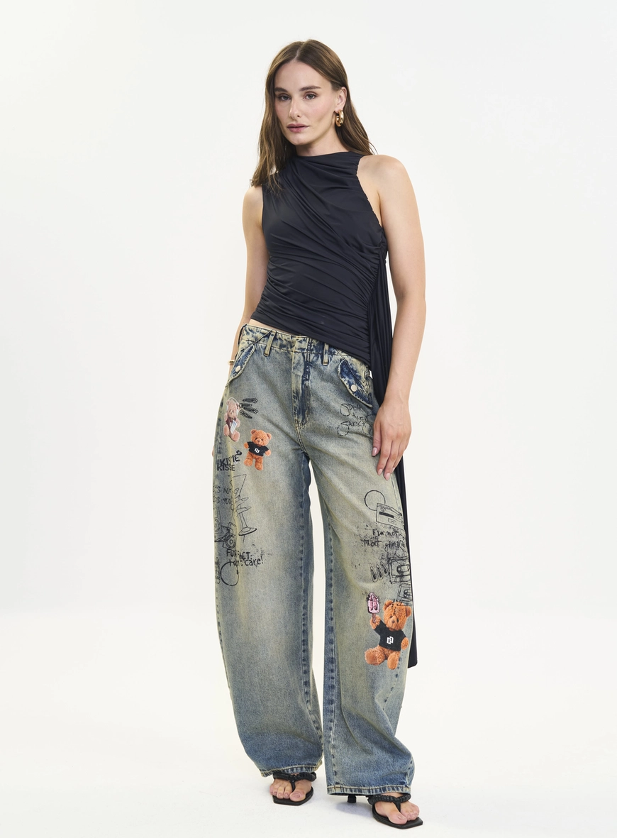 Calça Jeans Feminina Barril Estampada
