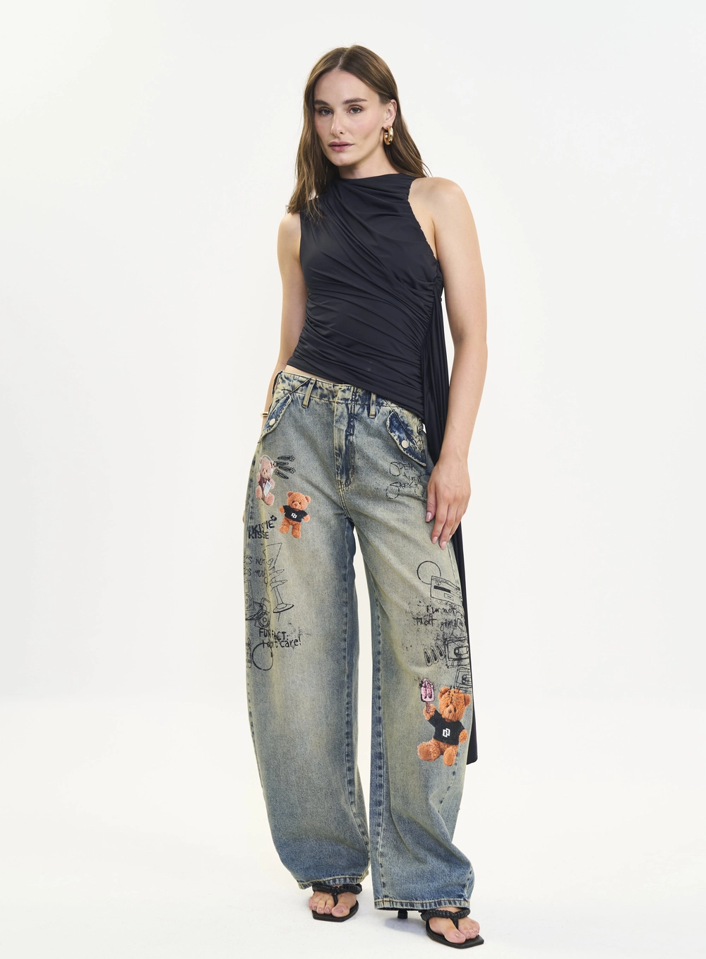Calça Jeans Feminina Barril Estampada Índigo