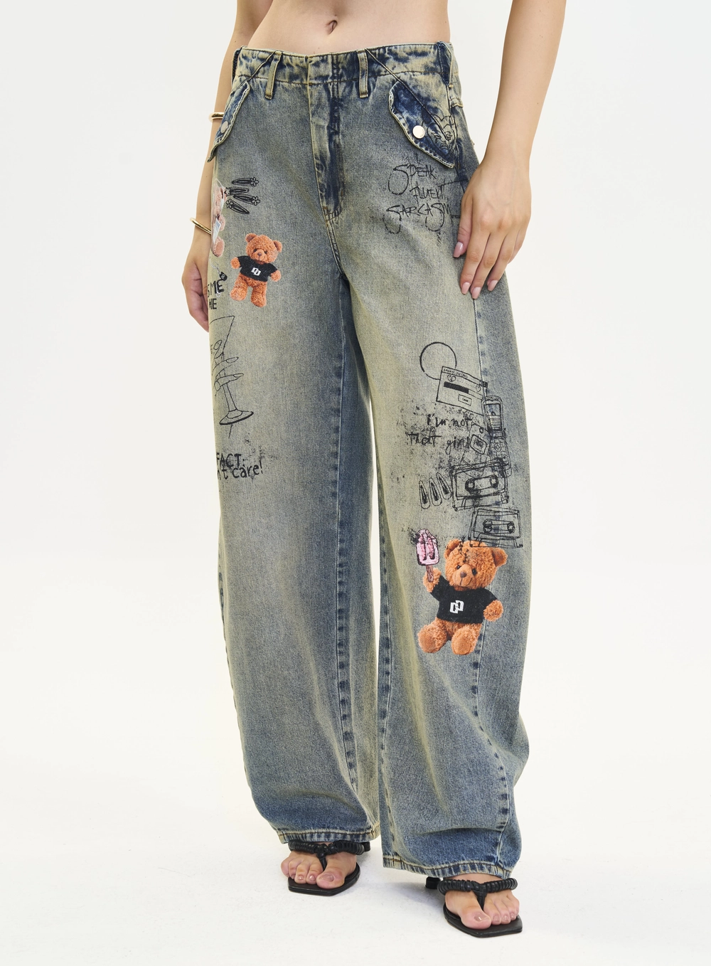 Calça Jeans Feminina Barril Estampada Índigo