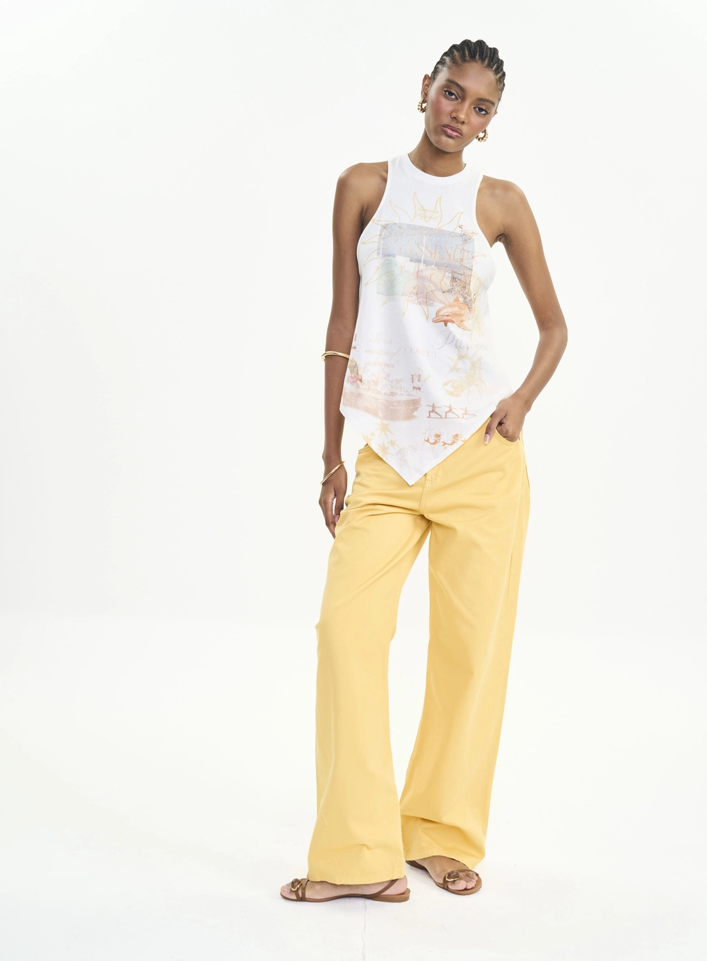Calça Sarja Baggy Cintura Baixa Cinto - Bruna Low Amarelo