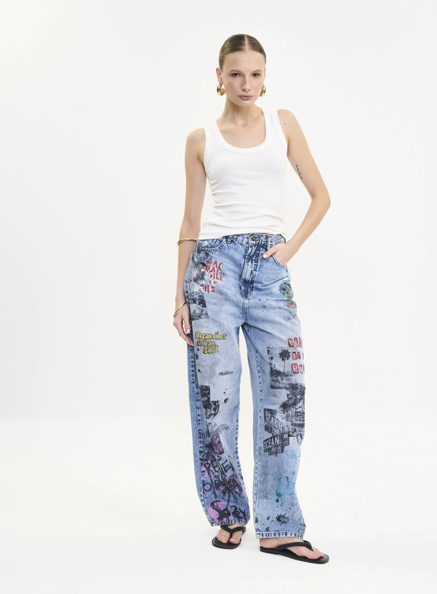 Calça Jeans Feminina Ampla Estampada - Livia