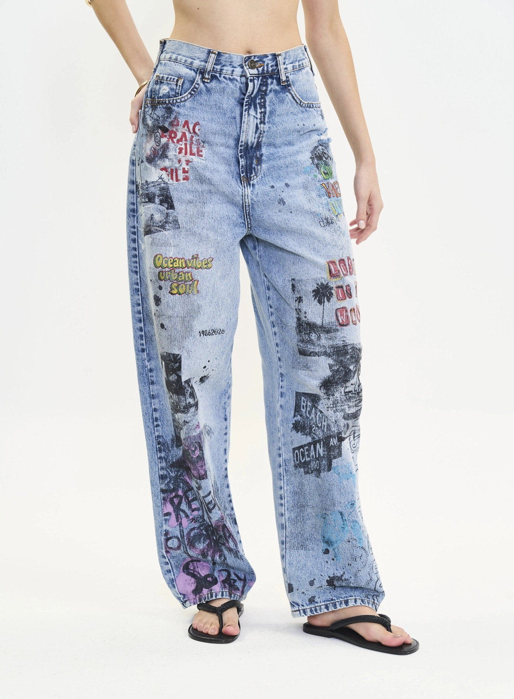 Calça Jeans Feminina Ampla Estampada - Livia Índigo