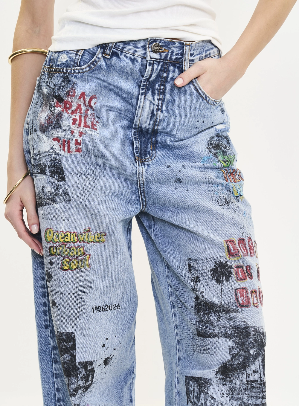 Calça Jeans Feminina Ampla Estampada - Livia Índigo
