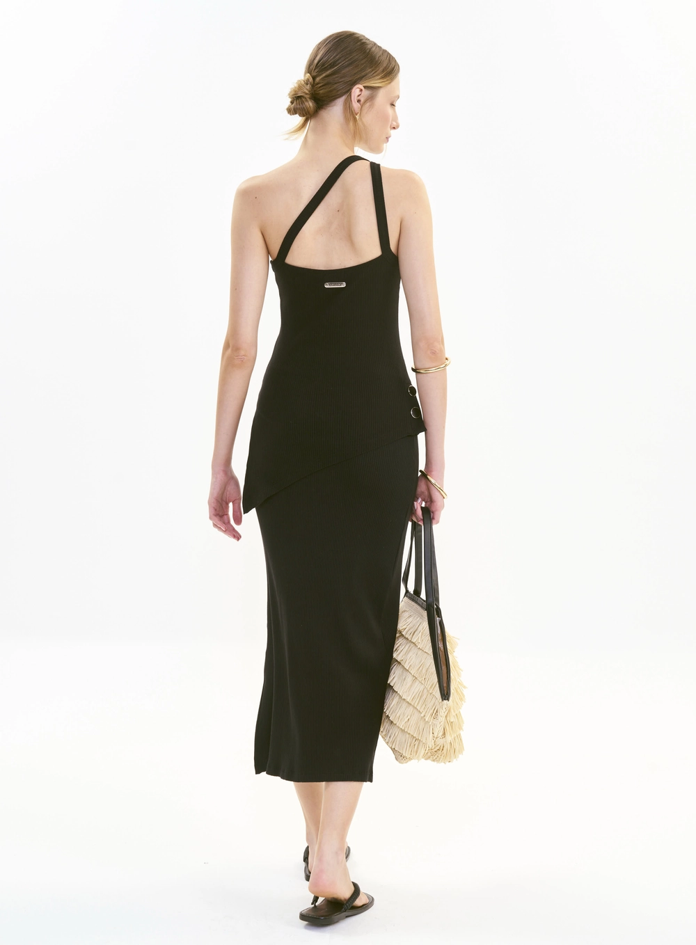 Saia Midi Slim Canelada Com Fenda Preto