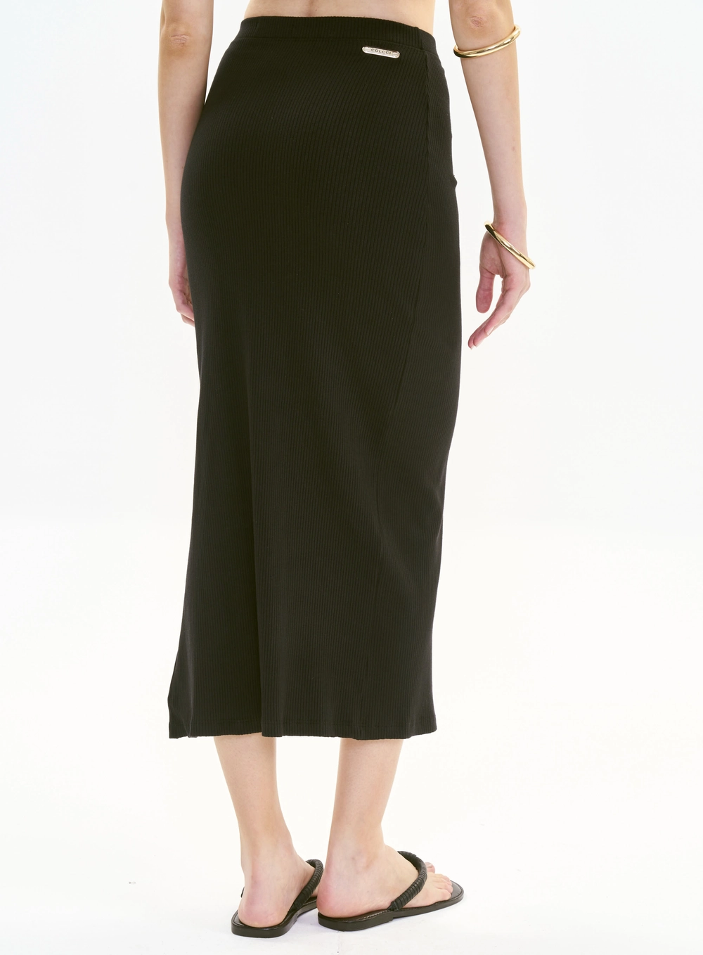 Saia Midi Slim Canelada Com Fenda Preto
