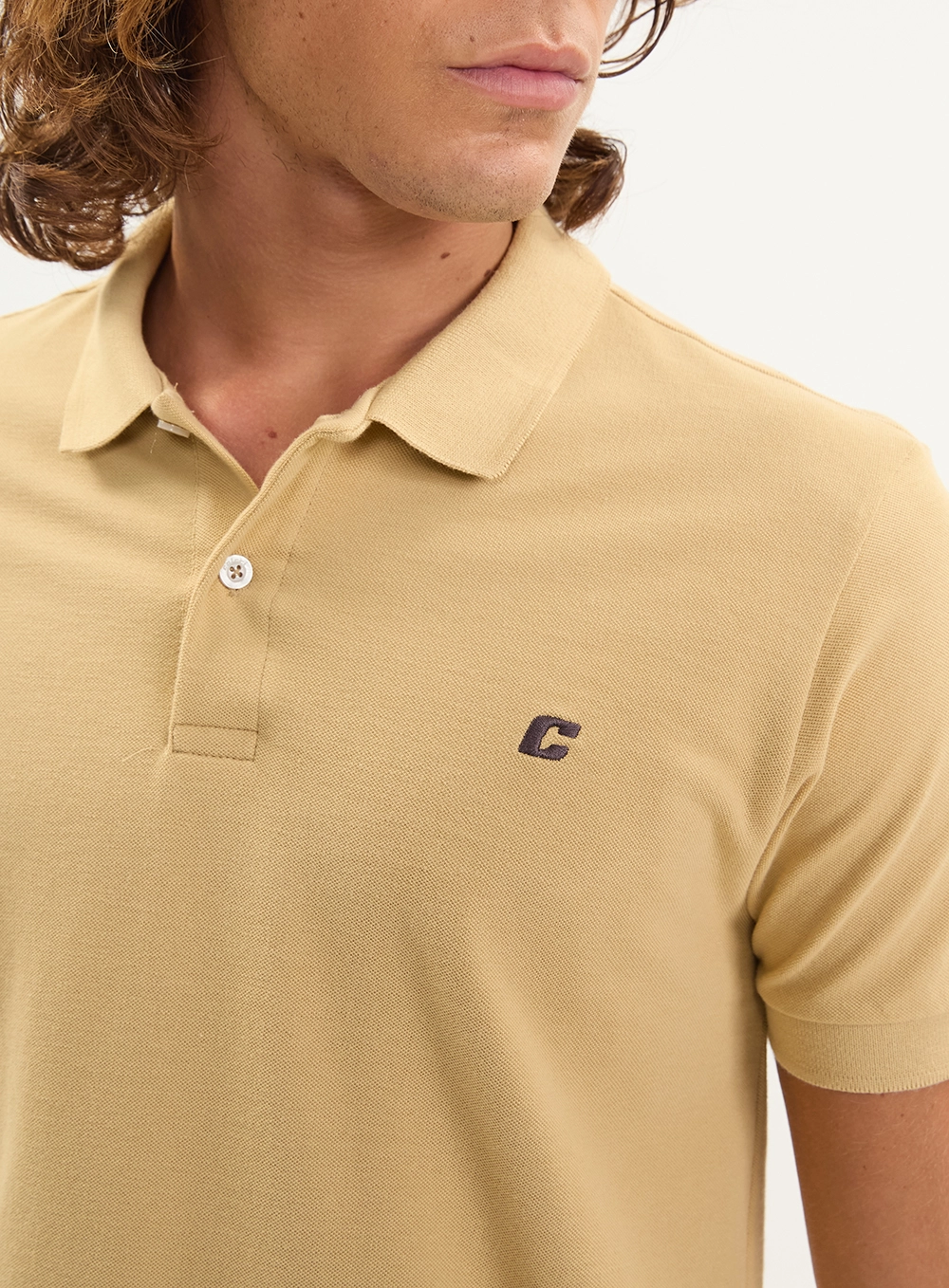 Polo Masculina Slim Com Bordado Bege