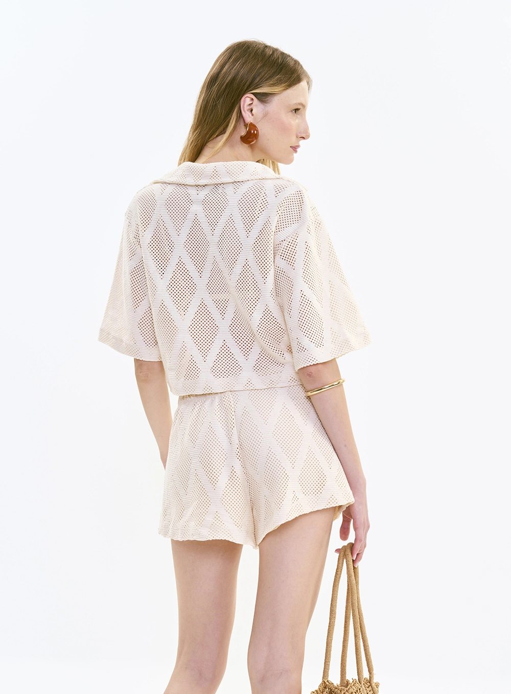 Polo Feminina Boxy Texturizada Bege