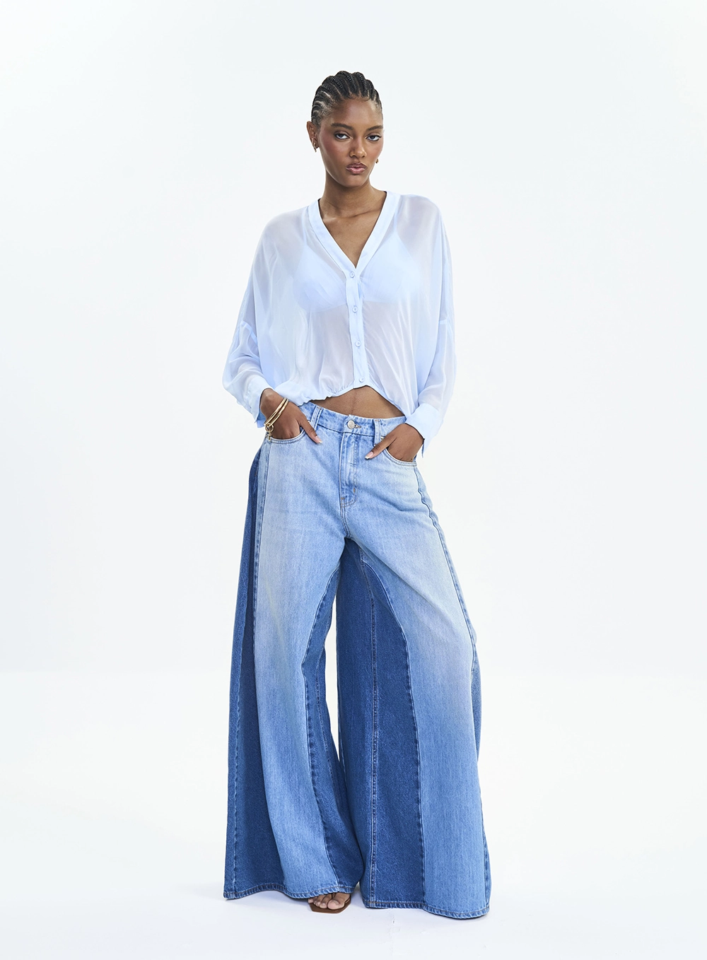 Camisa Feminina Ombros Deslocados Mangas Amplas Azul Tranquile Blue