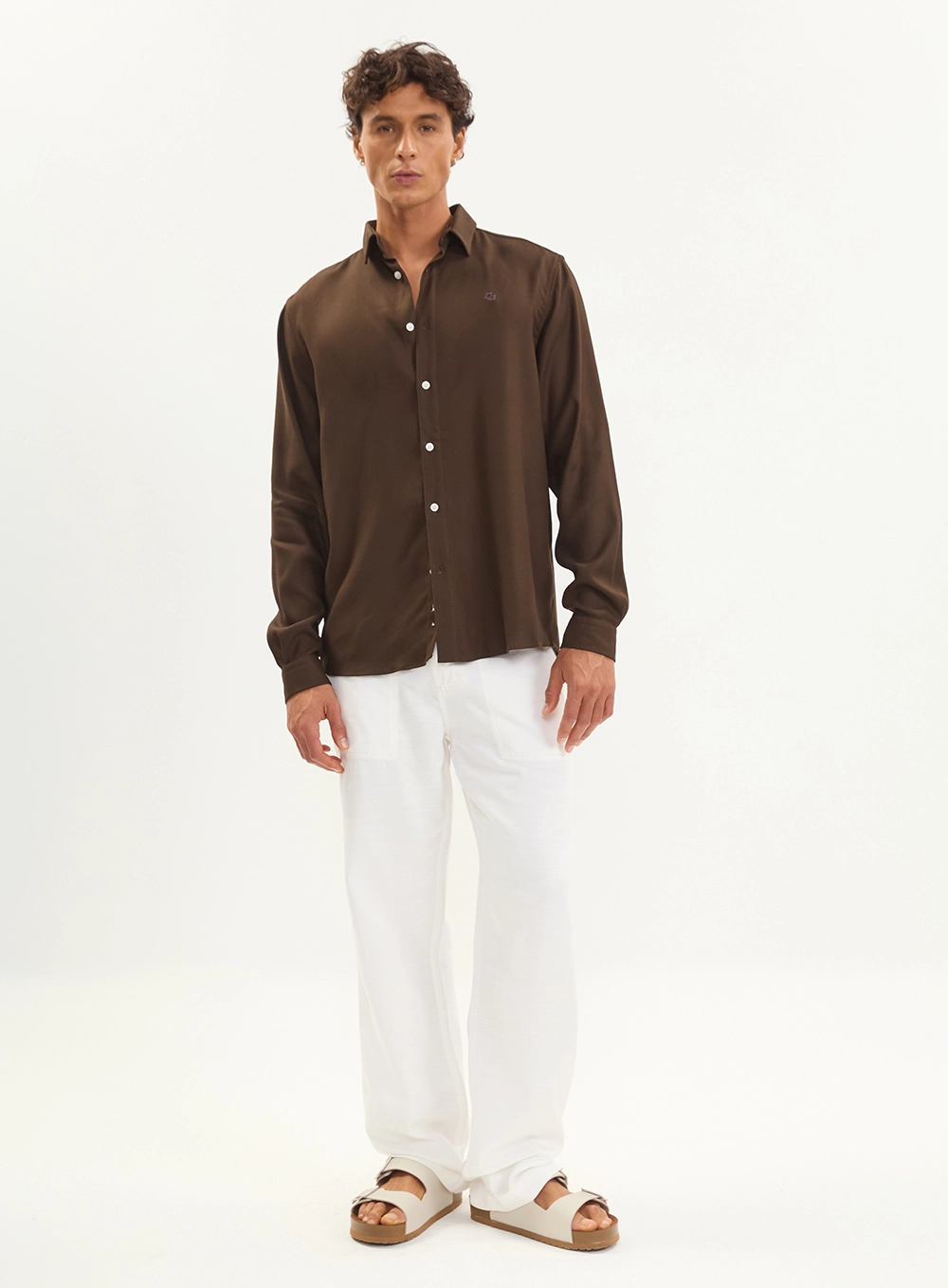 Camisa Relax Manga Longa Com Bordado Masculina Marrom Coconut