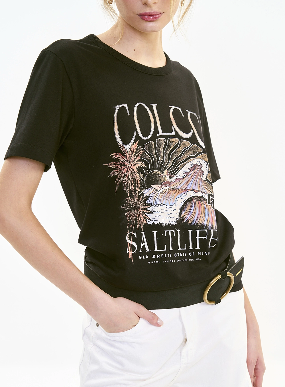 Camiseta Boy Manga Curta Estampada Feminina Preto