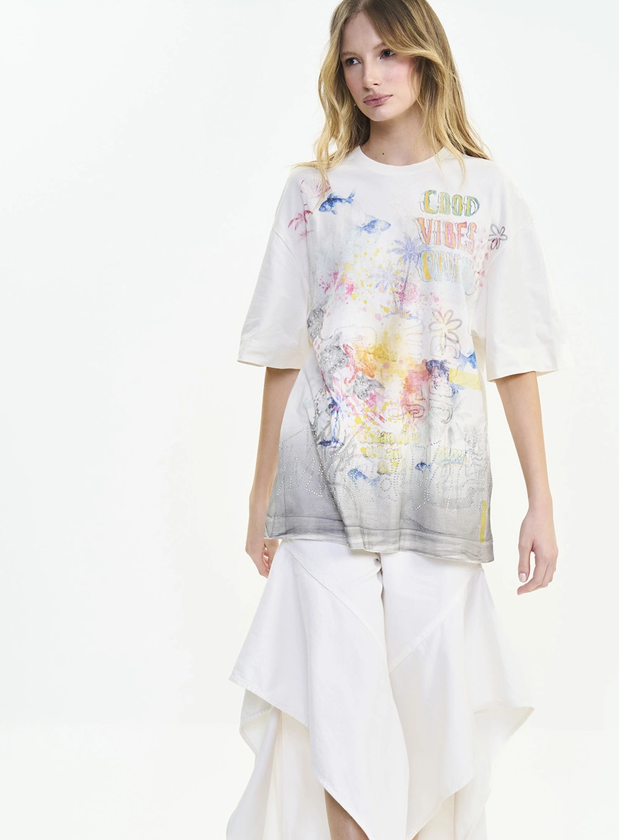 Camiseta Feminina Oversized Estampa Good Vibes