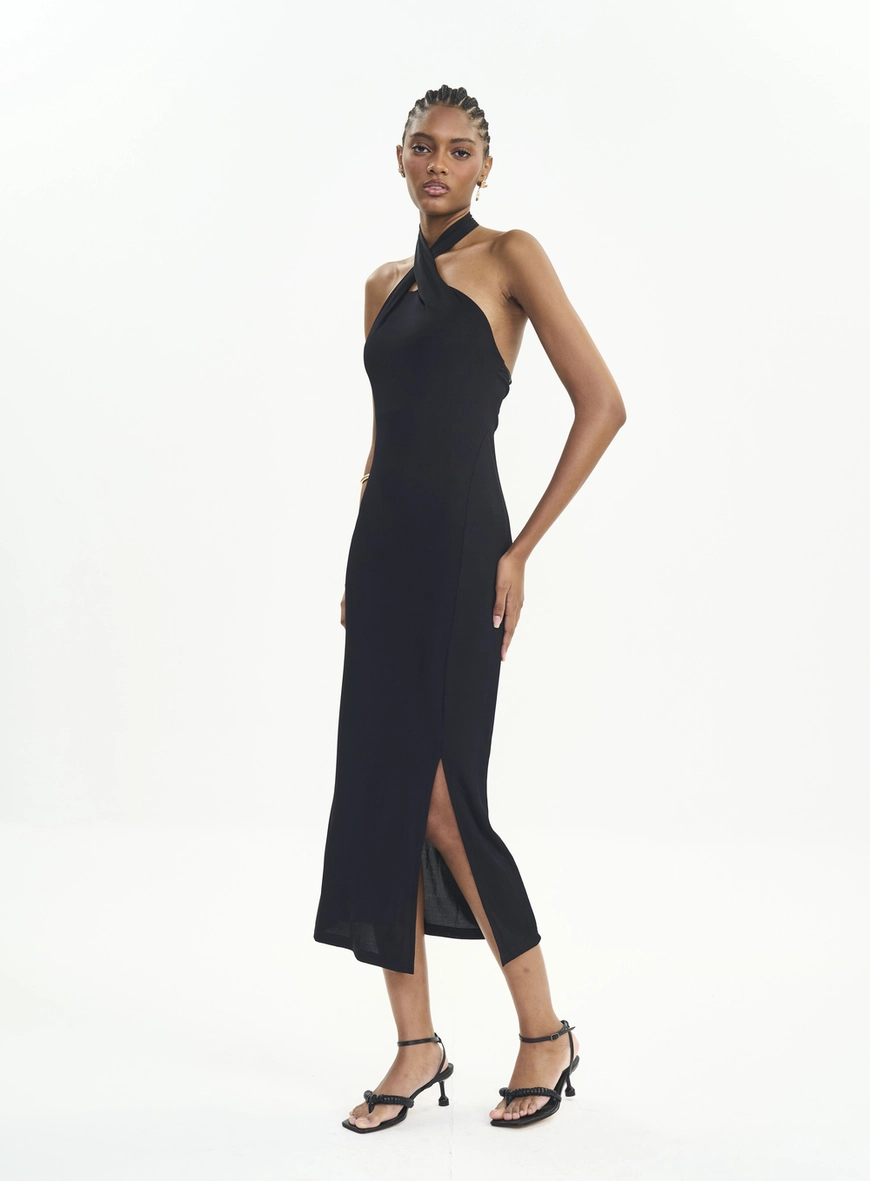 Vestido Midi Slim Frente Única Gola Alta Com Fenda