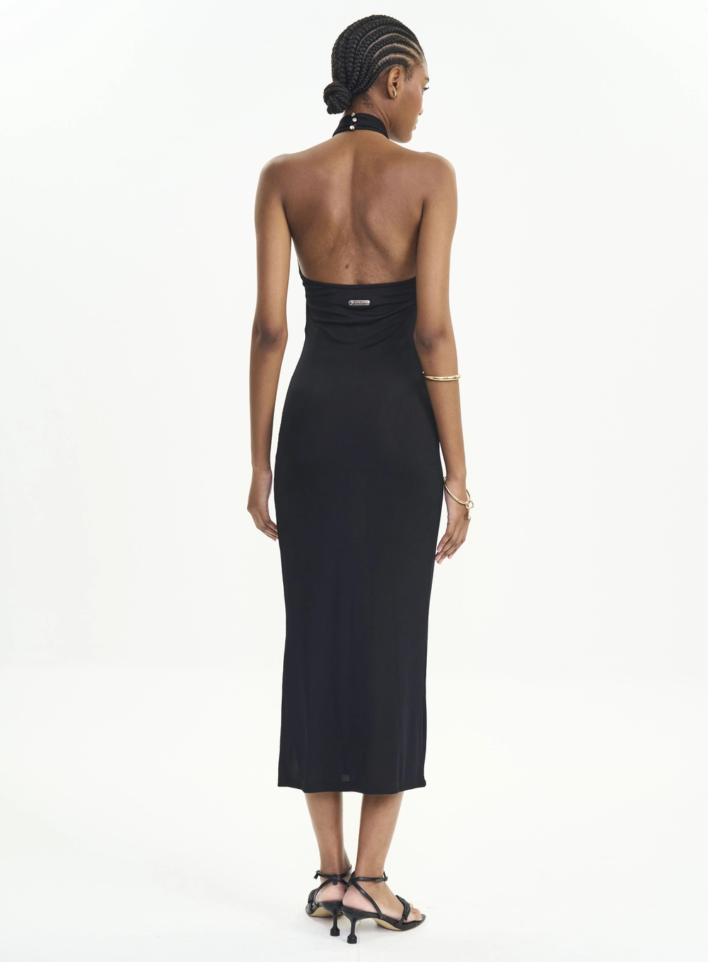 Vestido Midi Slim Frente Única Gola Alta Com Fenda Preto