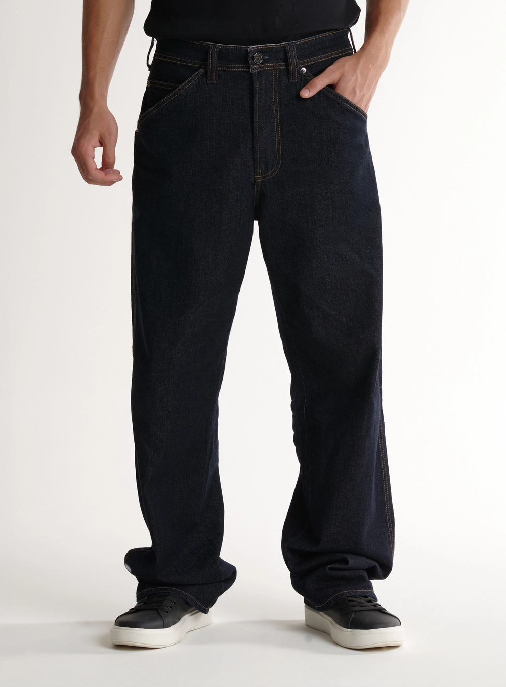 Calça Jeans Reta Estilo Worker Com Bolsos Índigo