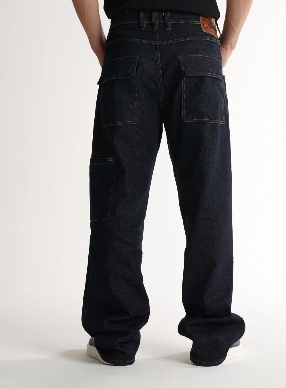 Calça Jeans Reta Estilo Worker Com Bolsos Índigo