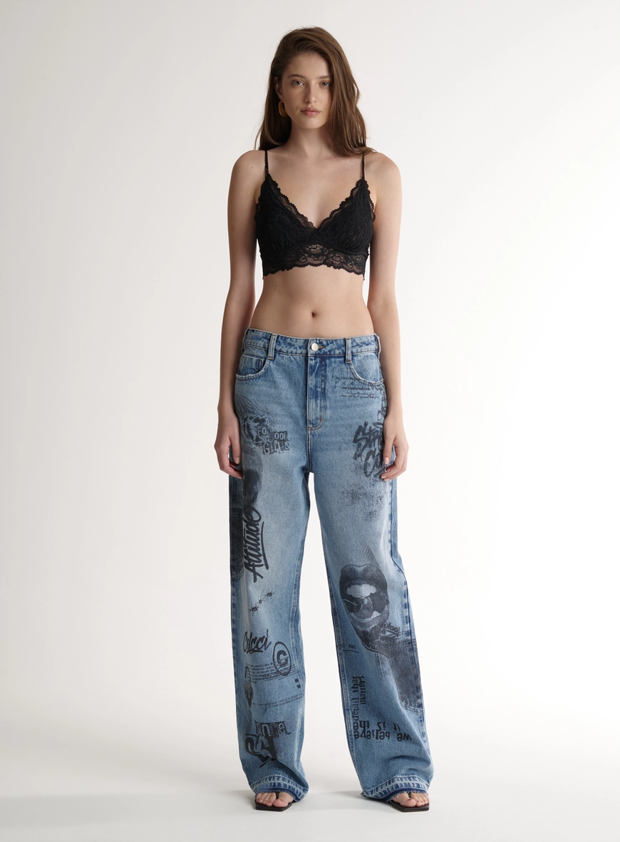 Calça Jeans Wide Leg Com Estampa - Bruna Low