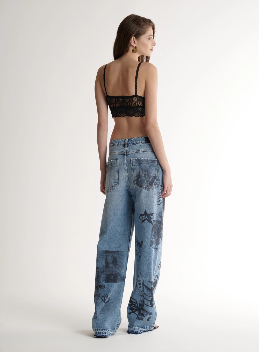 Calça Jeans Wide Leg Com Estampa - Bruna Low Índigo