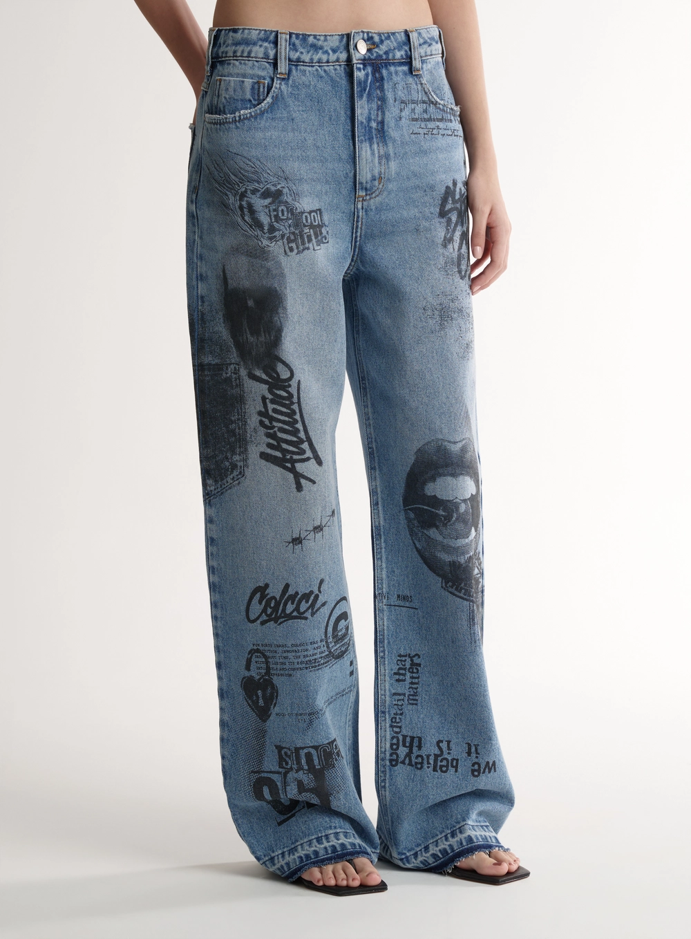 Calça Jeans Wide Leg Com Estampa - Bruna Low Índigo