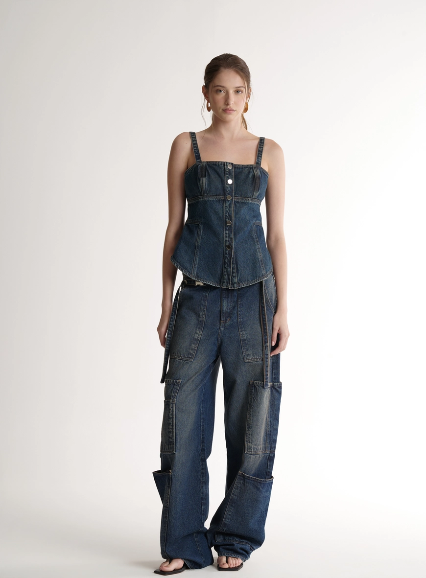 Calça Jeans Wide Leg Cargo Com Fivelas - Bruna Low