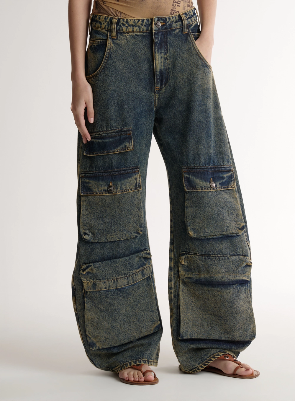 Calça Jeans Cargo Wide Leg Feminina - Leoni Índigo
