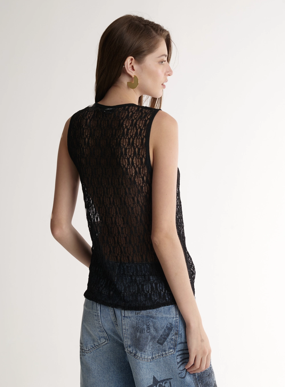 Regata Feminina Lace Em Renda Com Transparência Preto