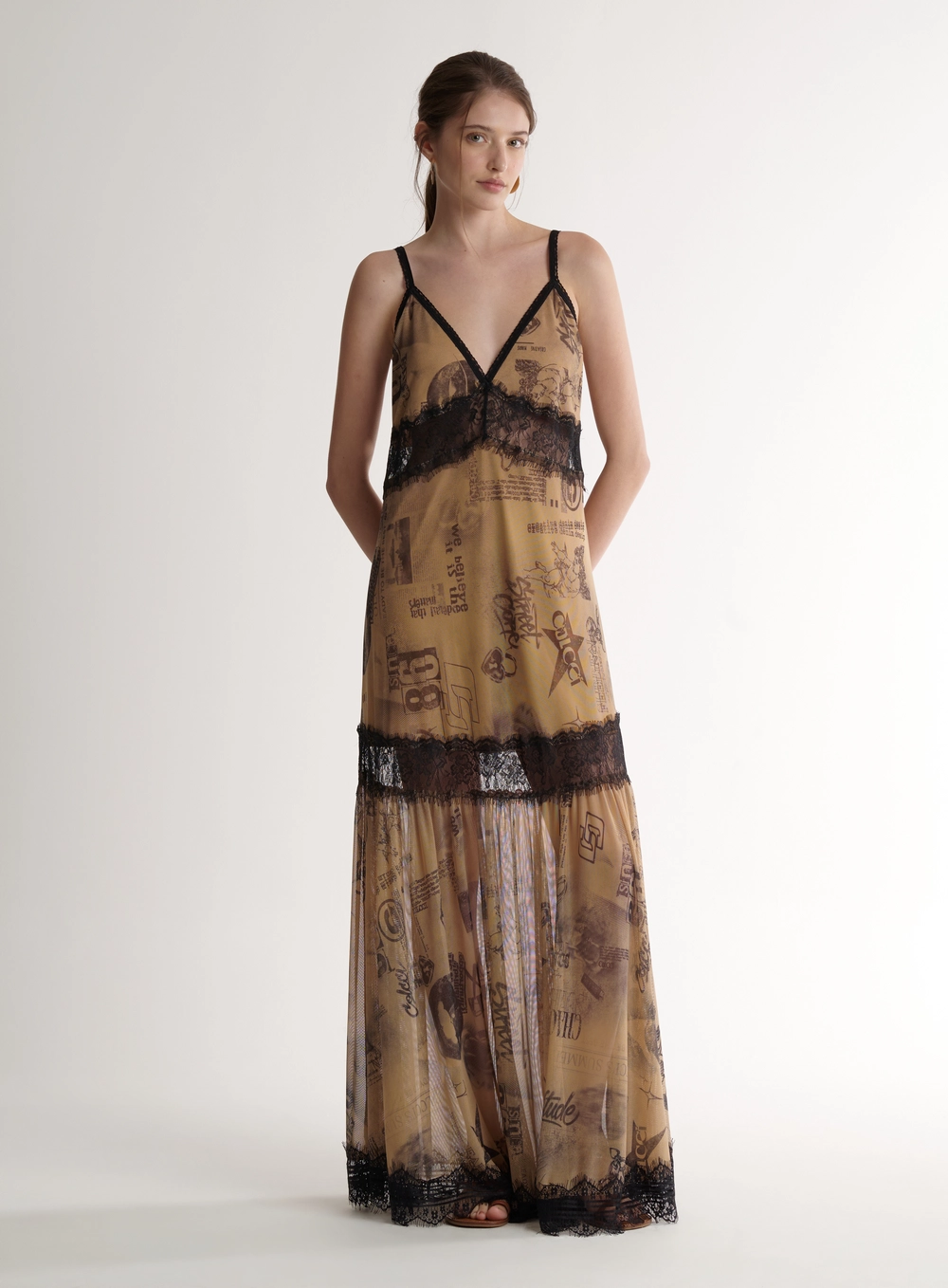 Vestido Longo Tattoed Com Renda E Alças Estampados