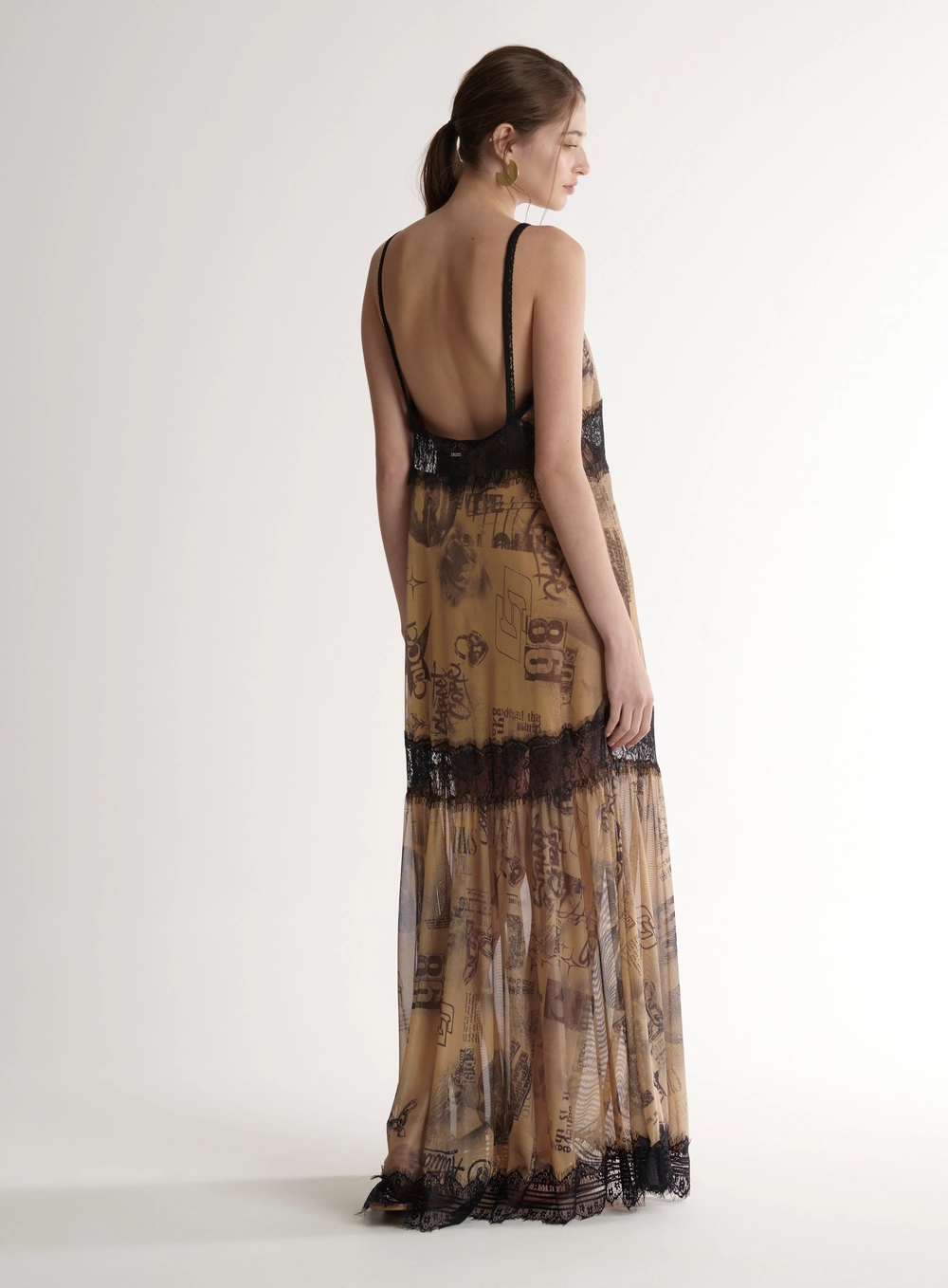 Vestido Longo Tattoed Com Renda E Alças Estampados