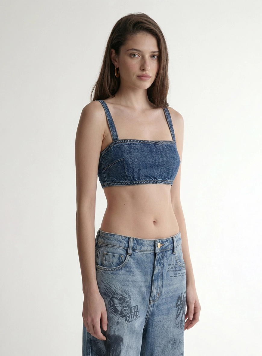 Top Jeans Cropped Com Alças E Zíper Posterior