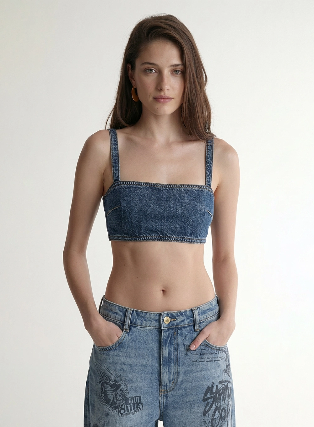 Top Jeans Cropped Com Alças E Zíper Posterior Índigo