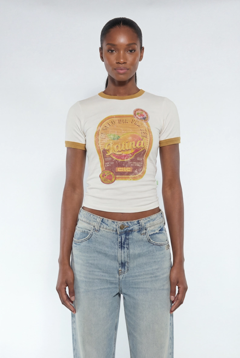 Camiseta Baby Look Manga Curta Estampada Puro Suco AMARELO 1