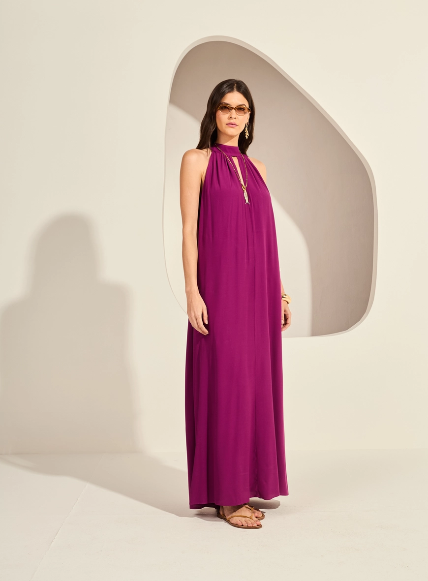 Vestido Longo Amplo Gola Alta Com Faixa Amarração Roxo