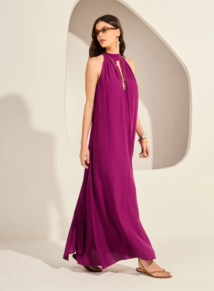 Vestido Longo Amplo Gola Alta Com Faixa Amarração Roxo