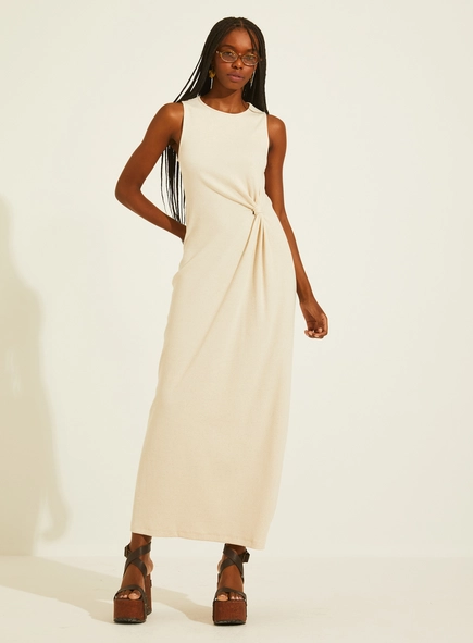 Vestido Midi Canelado Reto Ajustado Com Torção