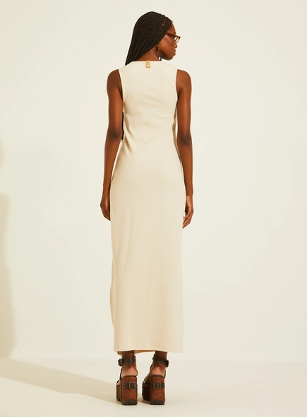 Vestido Midi Canelado Reto Ajustado Com Torção