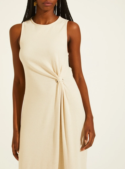 Vestido Midi Canelado Reto Ajustado Com Torção