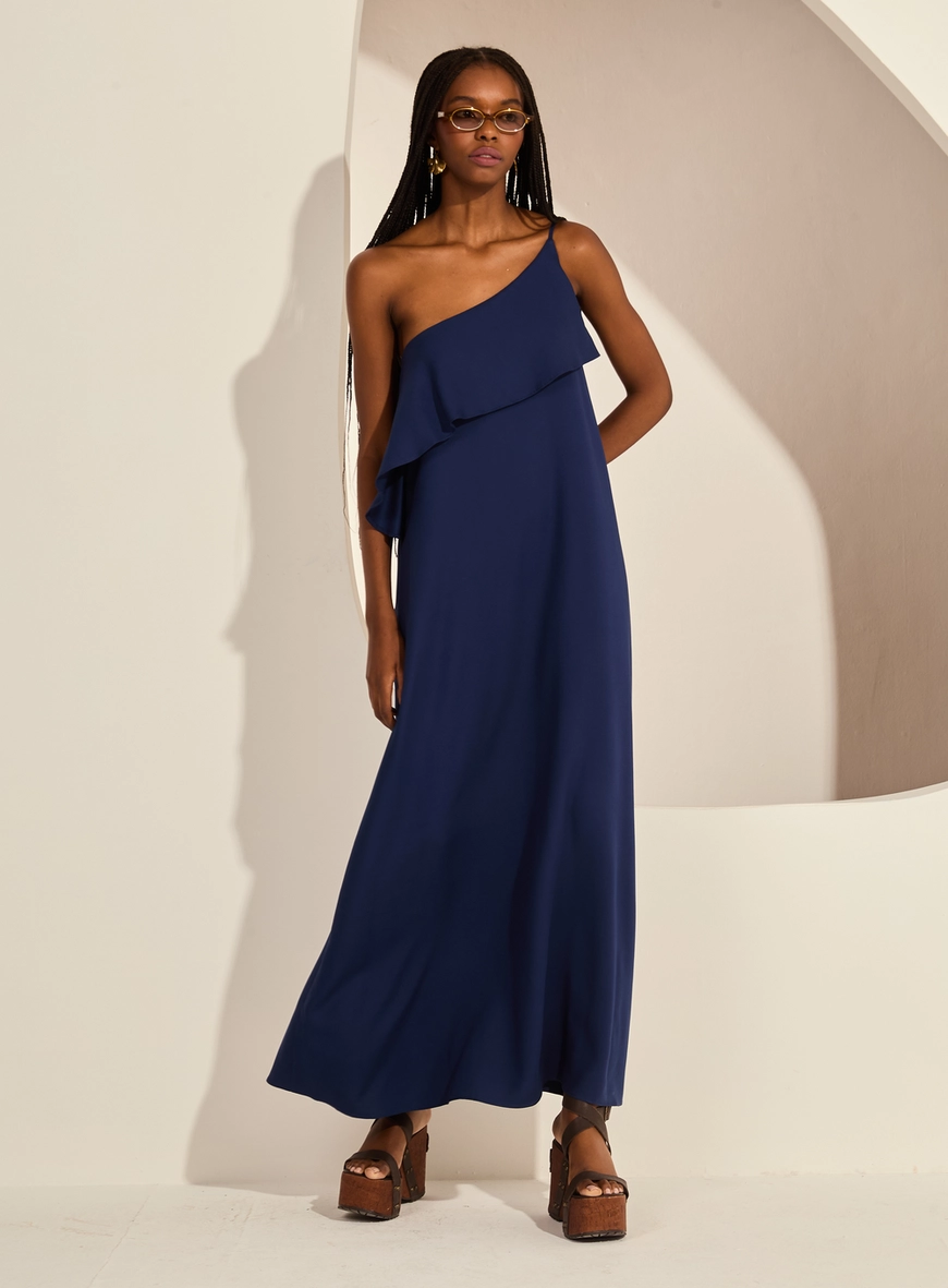 Vestido Midi Amplo Um Ombro Só Detalhe Assimétrico Azul