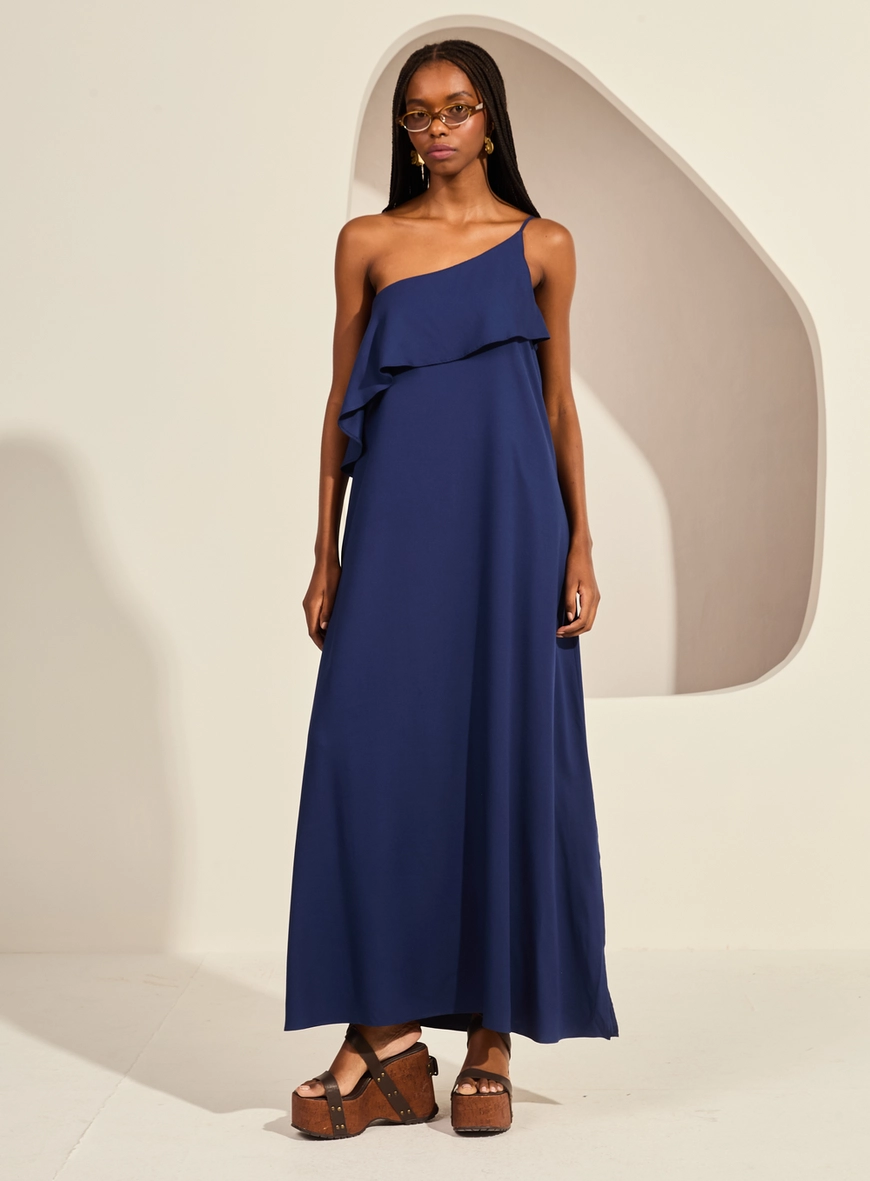 Vestido Midi Amplo Um Ombro Só Detalhe Assimétrico Azul