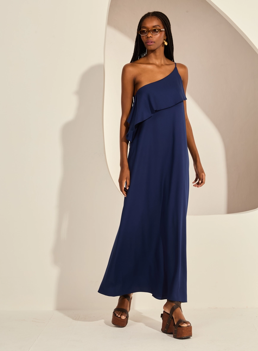 Vestido Midi Amplo Um Ombro Só Detalhe Assimétrico Azul