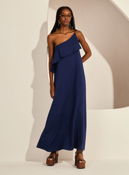 Vestido Midi Amplo Um Ombro Só Detalhe Assimétrico