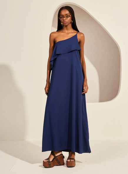 Vestido Midi Amplo Um Ombro Só Detalhe Assimétrico