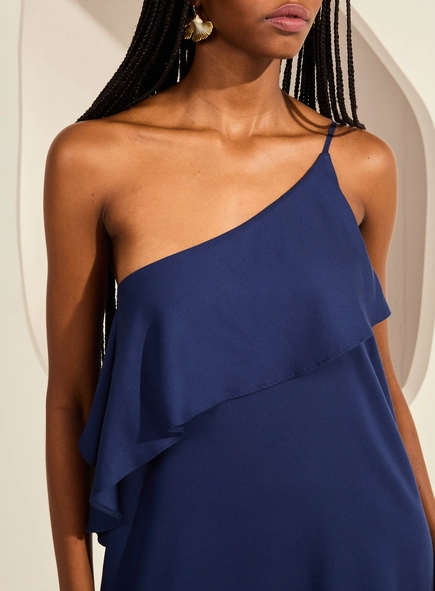 Vestido Midi Amplo Um Ombro Só Detalhe Assimétrico
