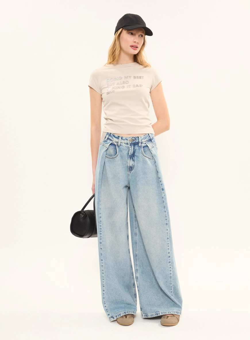 Calça Jeans Pantalona Super Loose Com Pregas Índigo 1