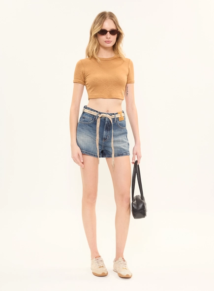 Short Jeans Regular Cintura Média Com Cadarço