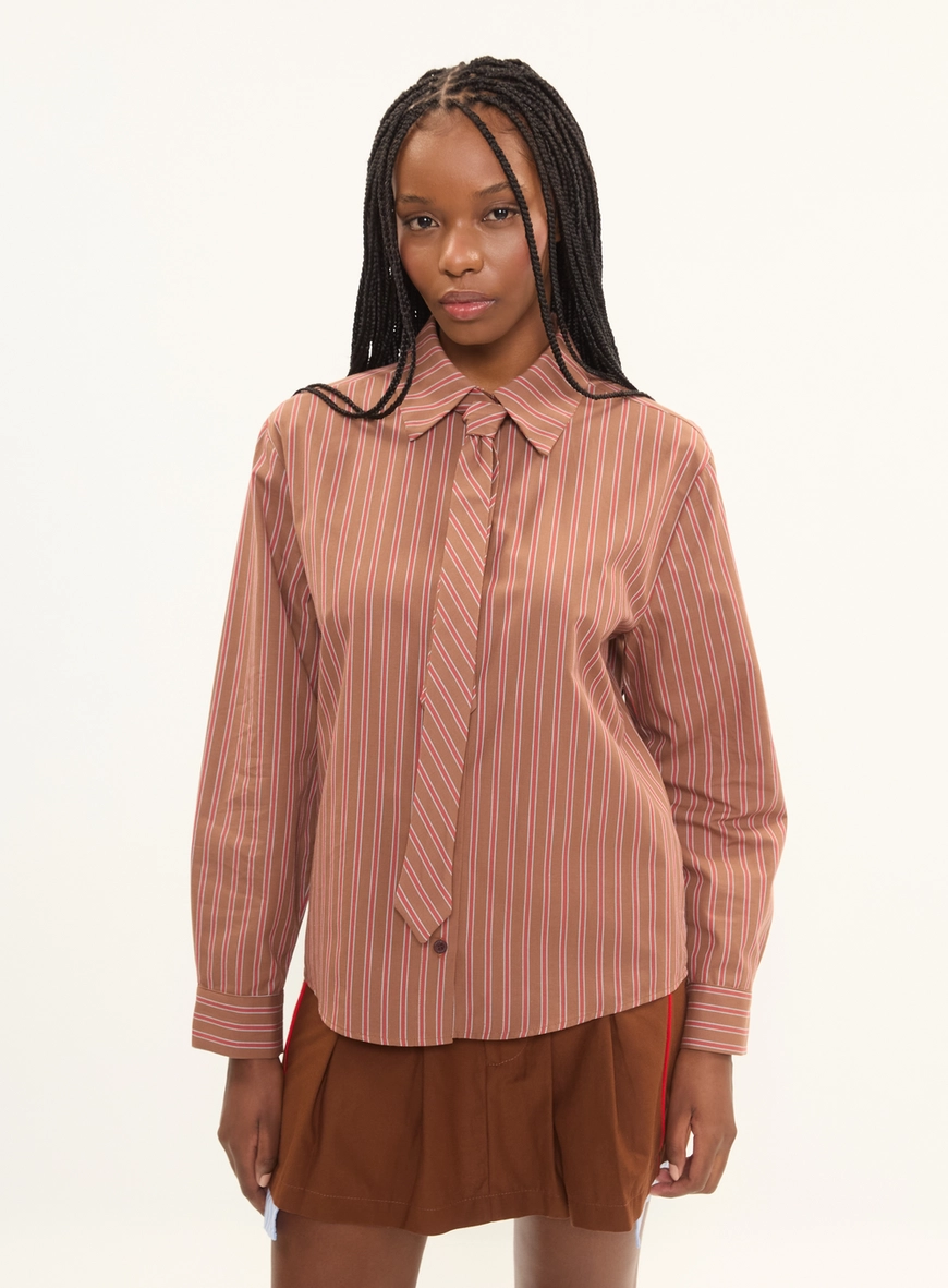 Camisa Feminina Oversized Listrada Com Gravata Estampados 1
