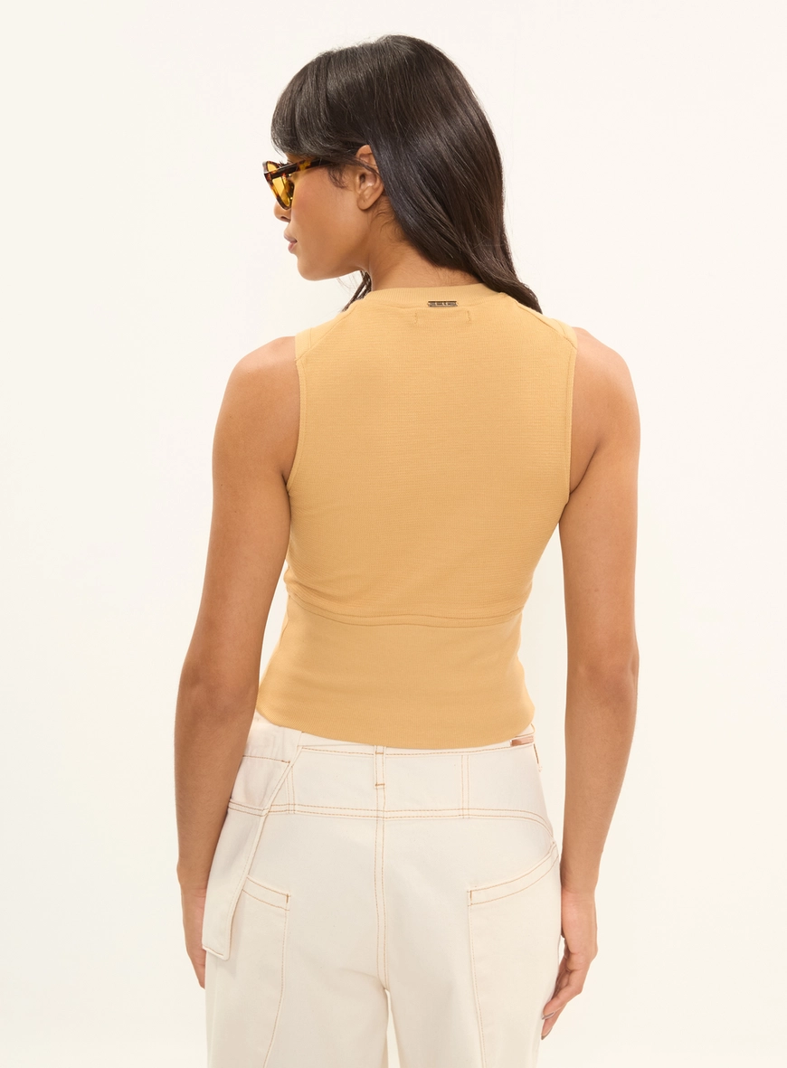 Blusa Slim Canelada Com Amarração Na Cintura Amarelo 2