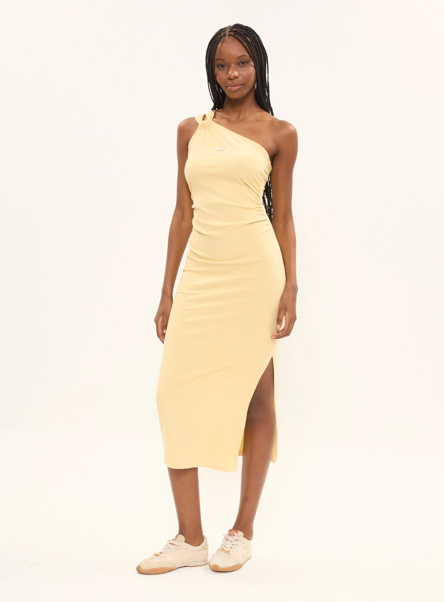 Vestido Midi Small Canelado One Shoulder Com Fenda Amarelo 1