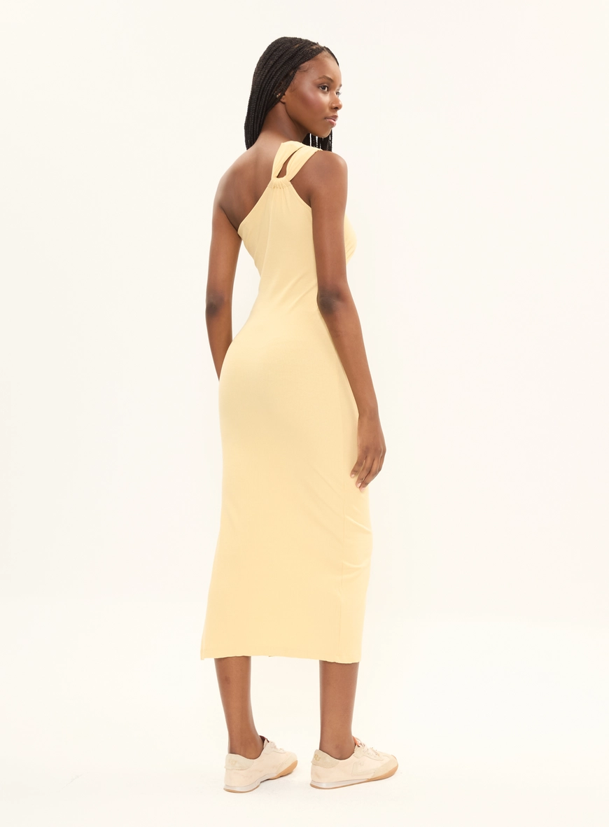 Vestido Midi Small Canelado One Shoulder Com Fenda Amarelo 2